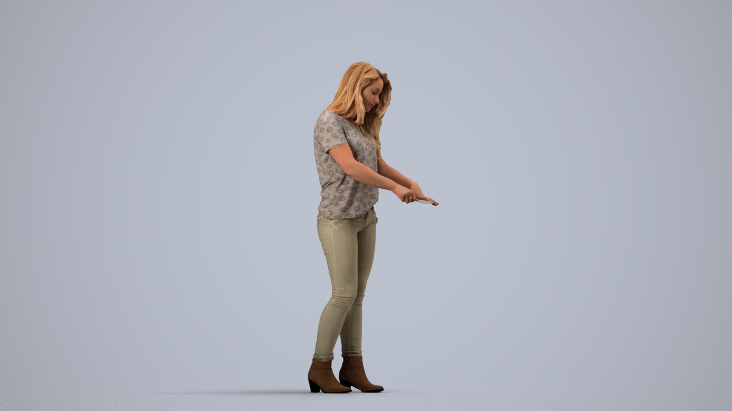 realistic 3D woman casual standing, scanned archviz people for Blender and 3ds Max, side view render