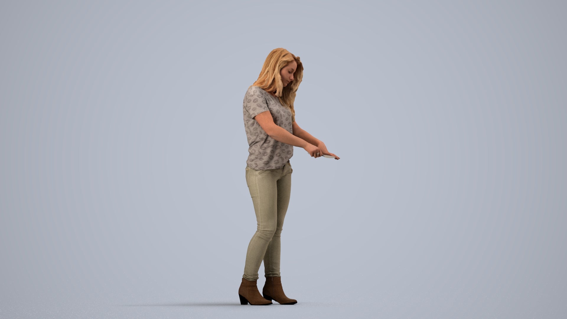 realistic 3D woman casual standing, scanned archviz people for Blender and 3ds Max, side view render