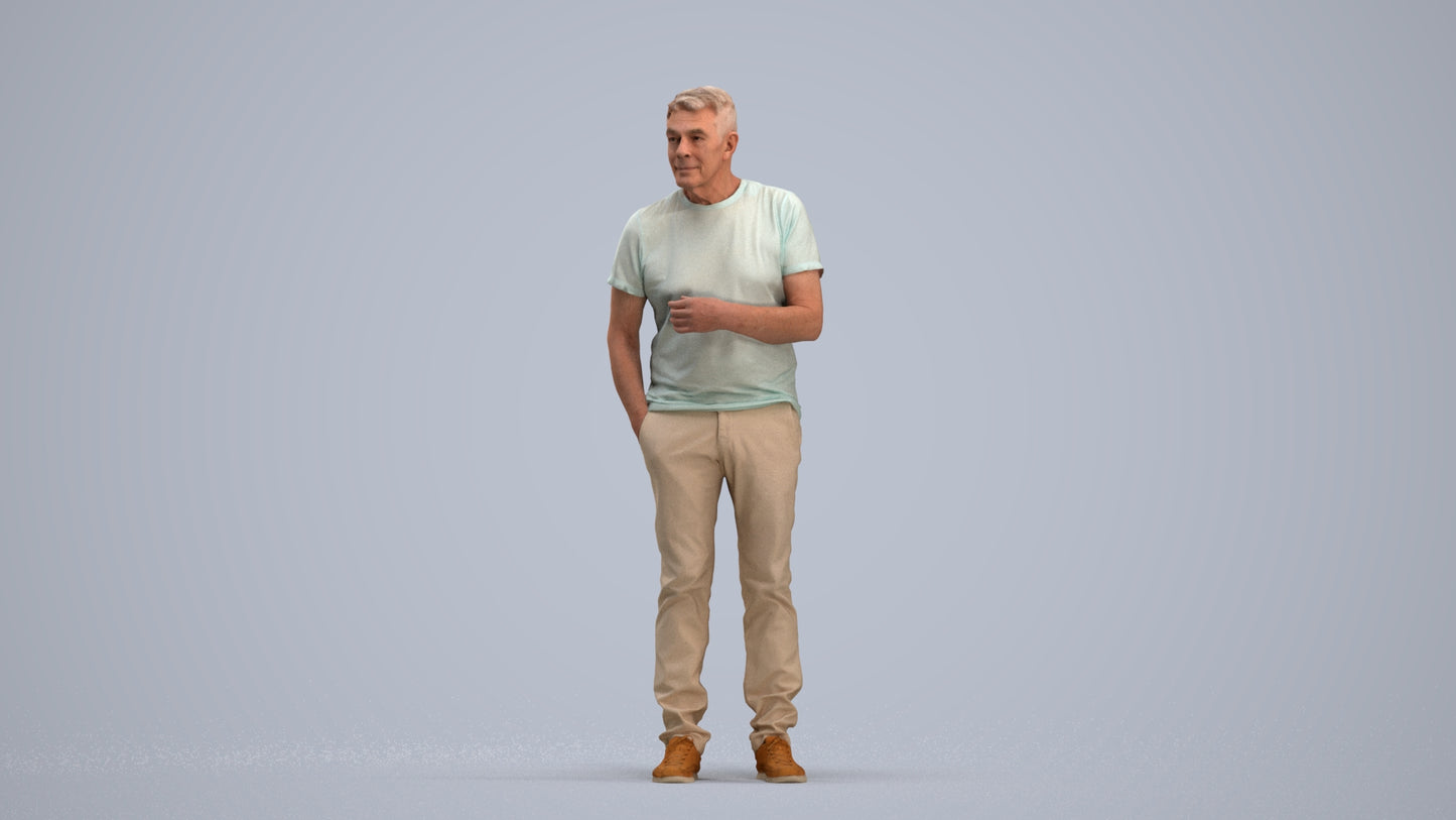 3D human model senior man casual standing, photogrammetry scanned person for archviz, standing pose render