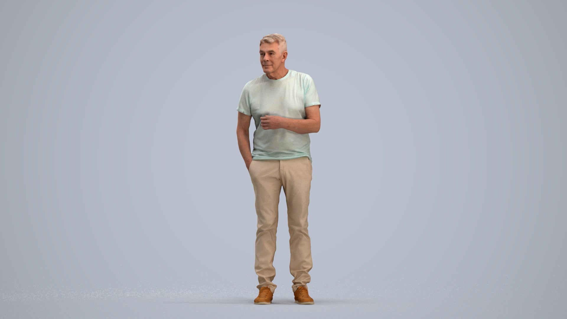 3D human model senior man casual standing, photogrammetry scanned person for archviz, standing pose render
