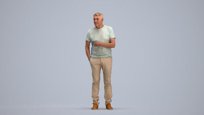 3D human model senior man casual standing, photogrammetry scanned person for archviz, standing pose render