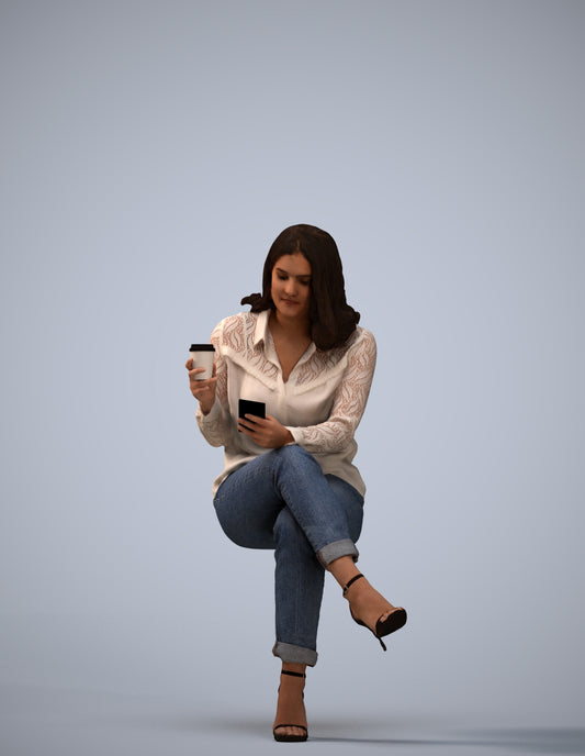 scanned 3D woman casual sitting, photogrammetry people for Enscape and V-Ray
