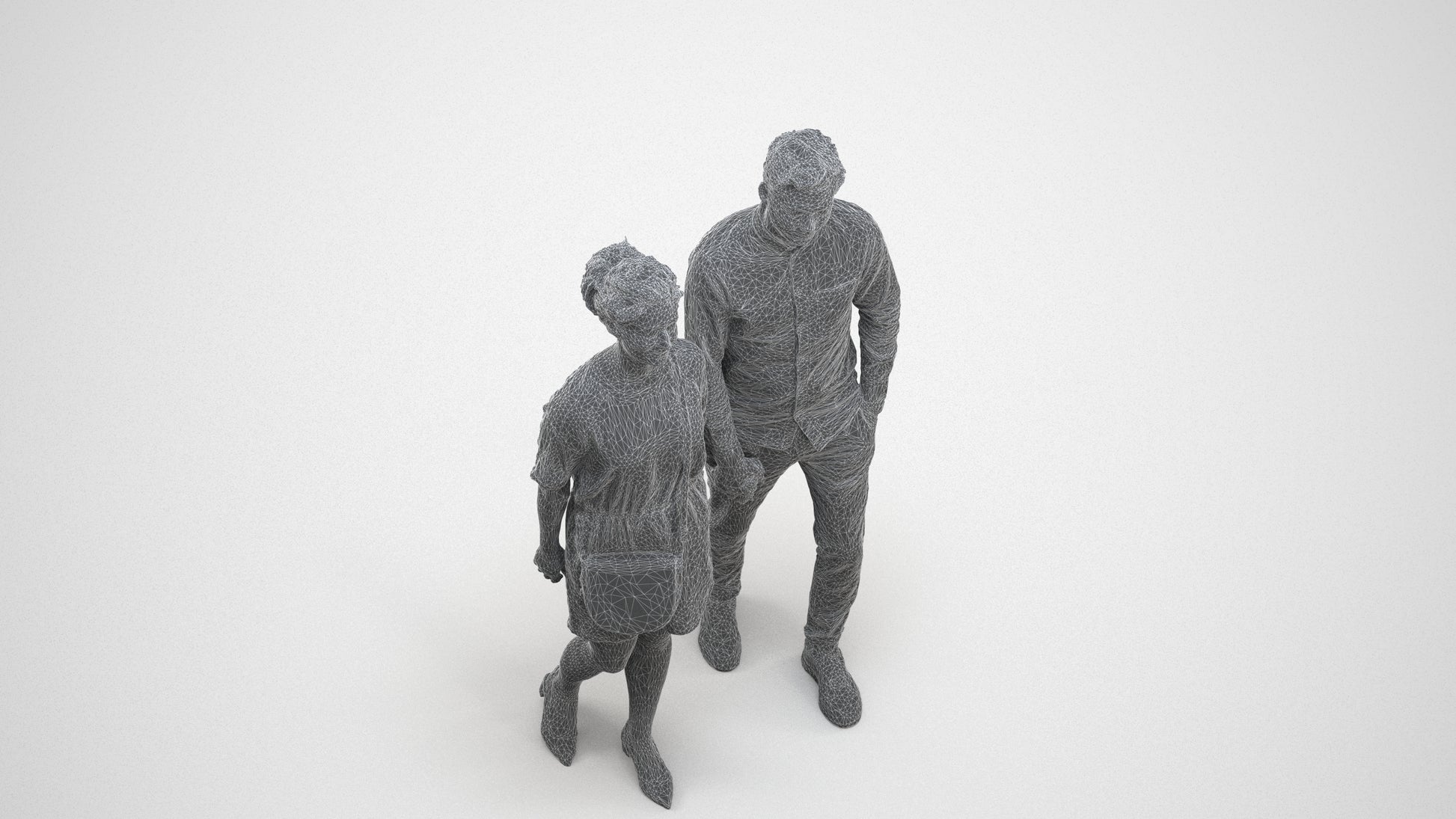 realistic 3D people woman casual couple, render-ready for V-Ray and Corona, FBX OBJ, wireframe three-quarter view