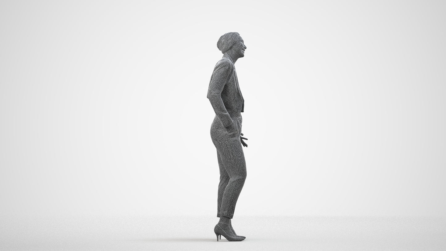3D human model woman business, photogrammetry scanned person for archviz, wireframe side view