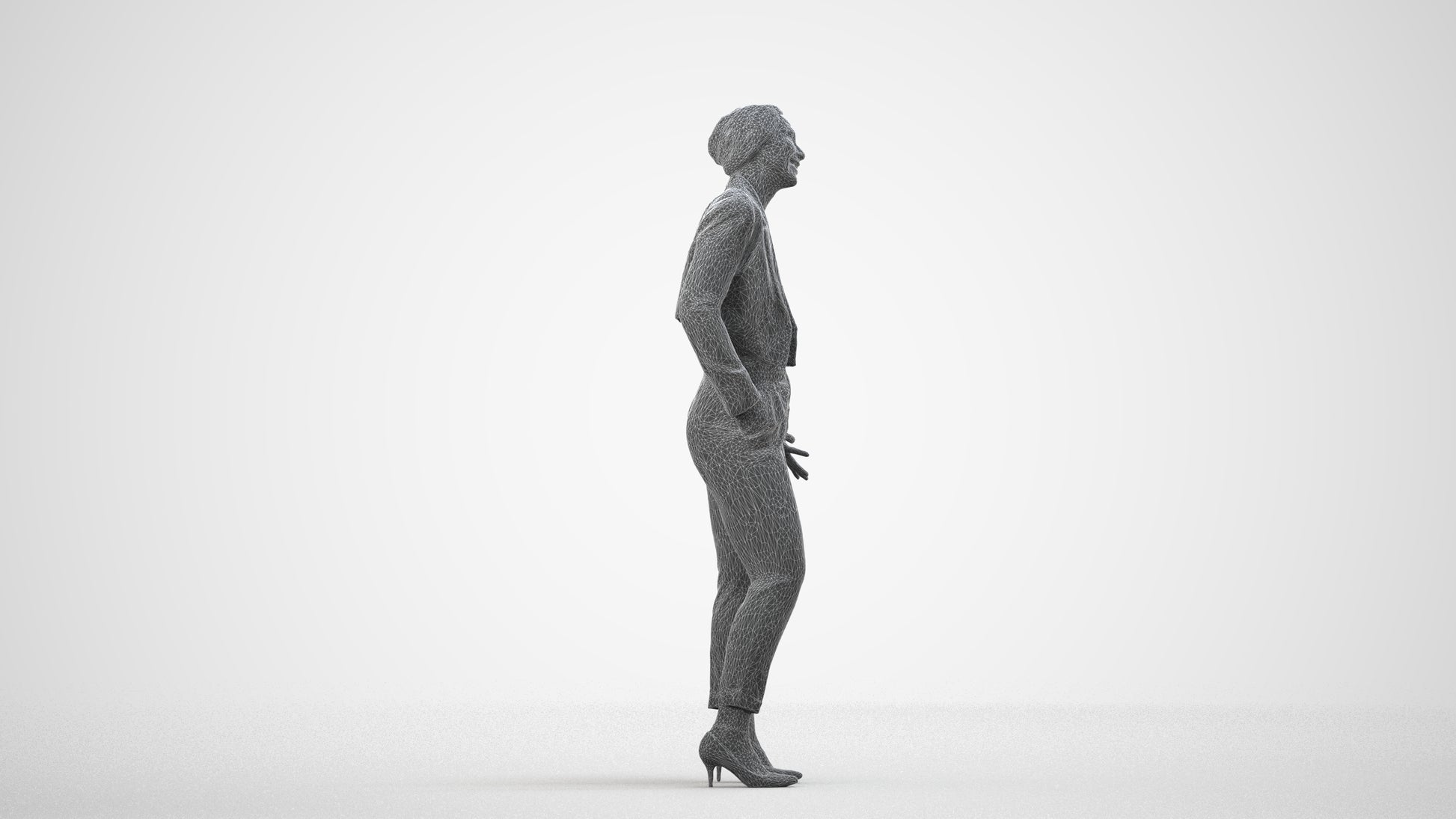 3D human model woman business, photogrammetry scanned person for archviz, wireframe side view