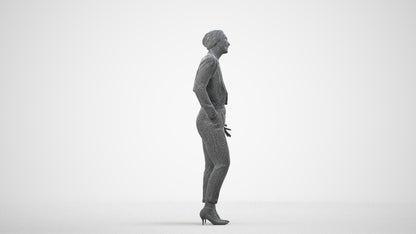 3D human model woman business, photogrammetry scanned person for archviz, wireframe side view