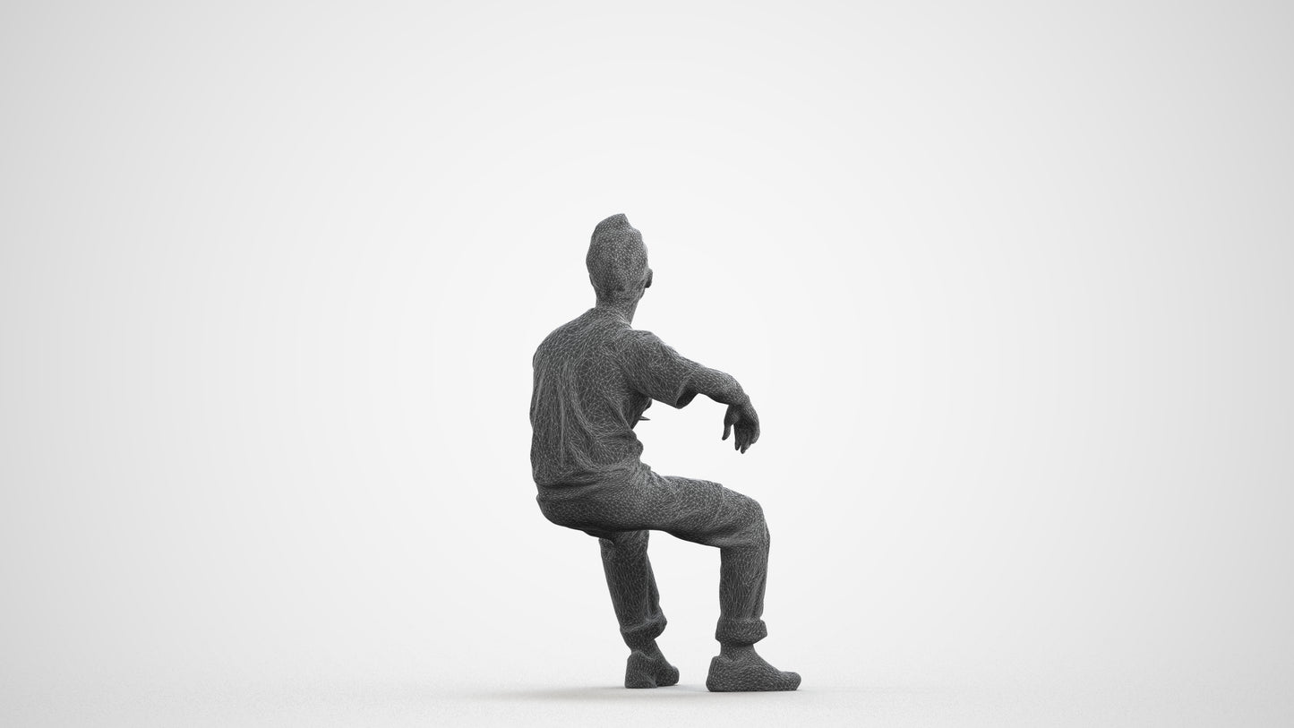 3D human model man casual sitting, photogrammetry scanned person for archviz, wireframe front view
