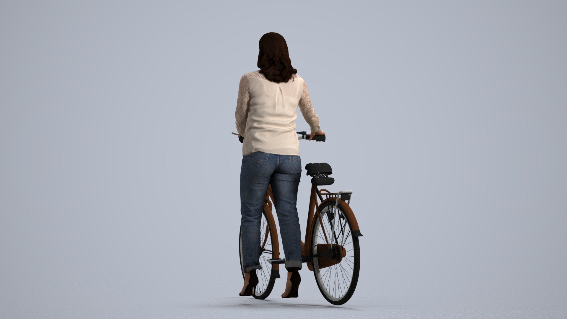 3D human model woman casual walking, photogrammetry scanned person for archviz, front view render