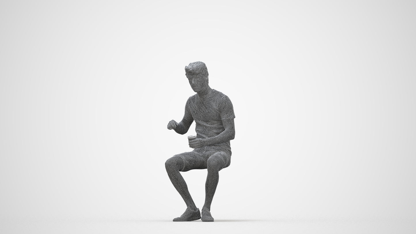 photogrammetry 3D man casual sitting, realistic human model archviz FBX, wireframe back view