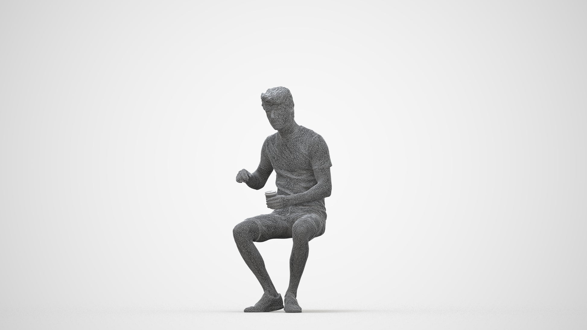 photogrammetry 3D man casual sitting, realistic human model archviz FBX, wireframe back view
