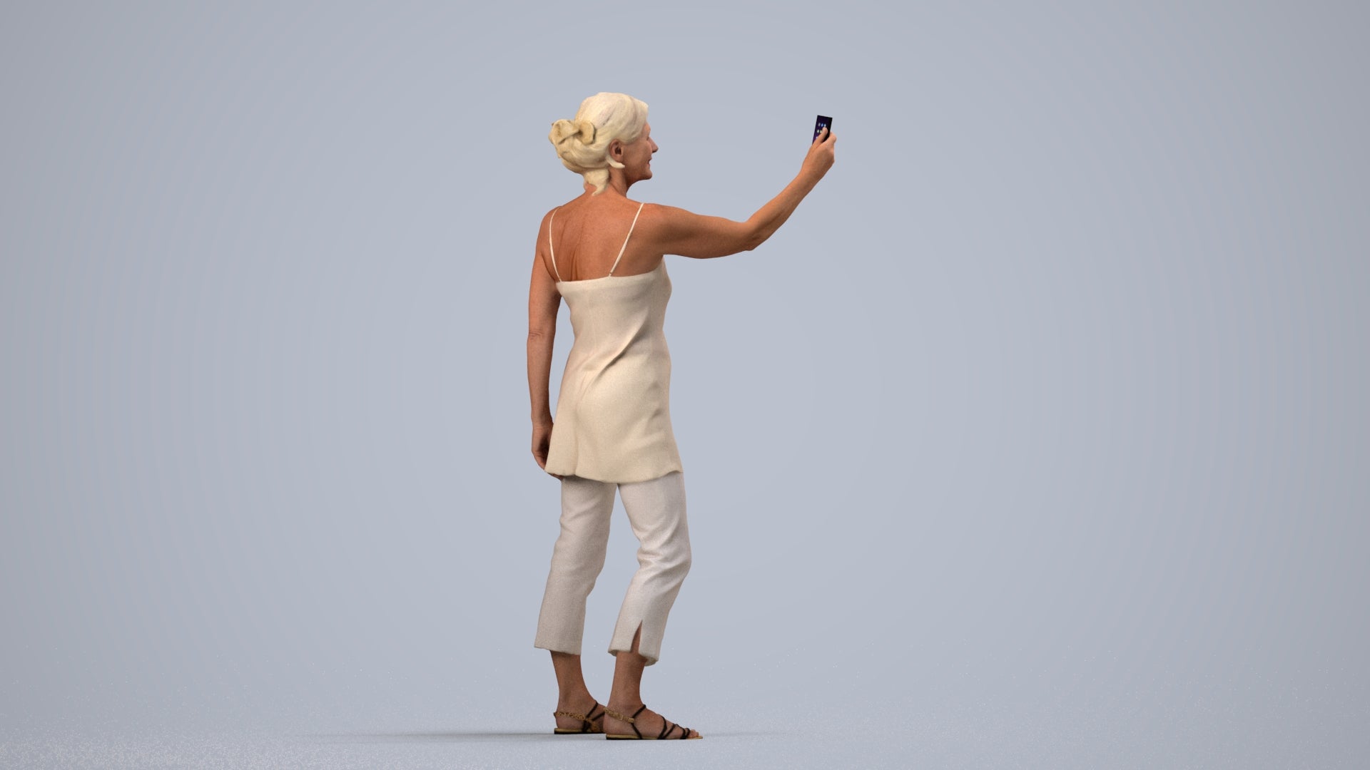 3D human model senior woman casual standing, photogrammetry scanned person for archviz, side view render