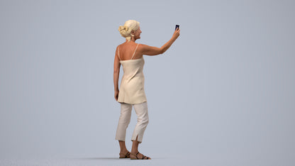 3D human model senior woman casual standing, photogrammetry scanned person for archviz, side view render