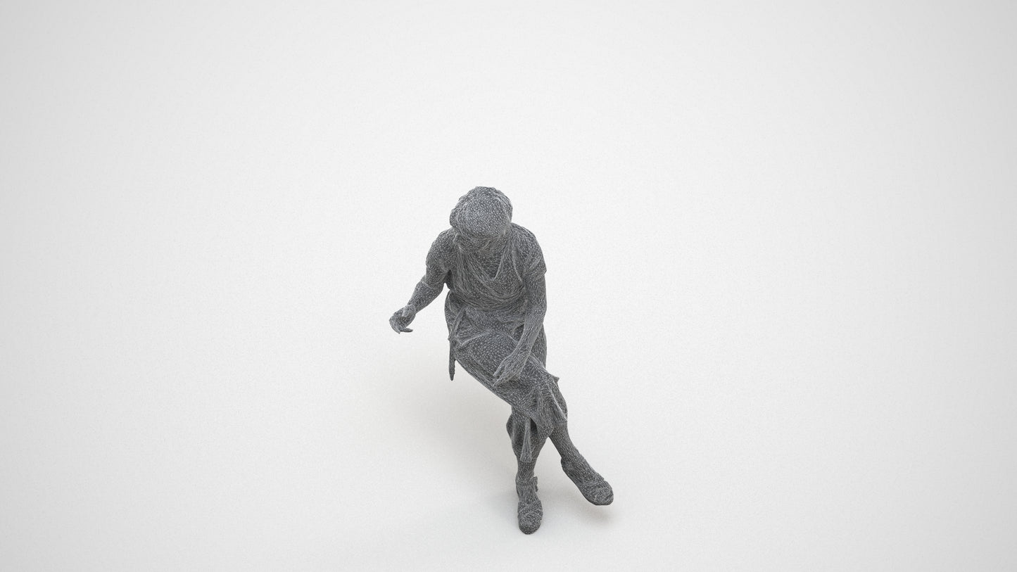 photogrammetry 3D senior woman casual sitting, realistic human model archviz FBX, wireframe three-quarter view