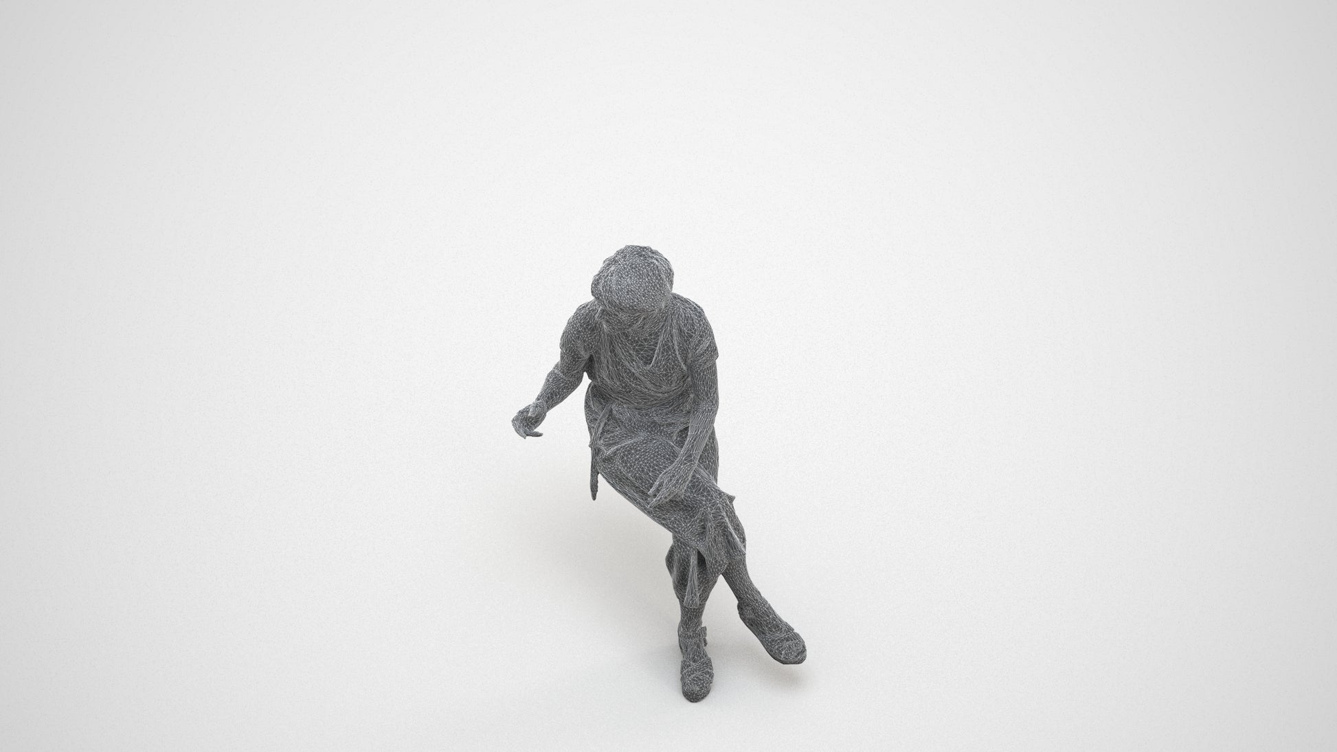 photogrammetry 3D senior woman casual sitting, realistic human model archviz FBX, wireframe three-quarter view