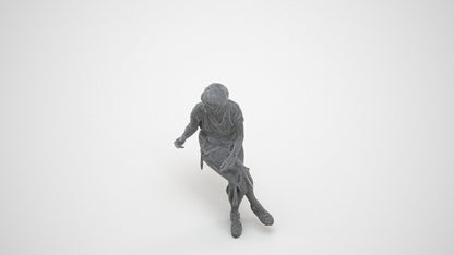 photogrammetry 3D senior woman casual sitting, realistic human model archviz FBX, wireframe three-quarter view