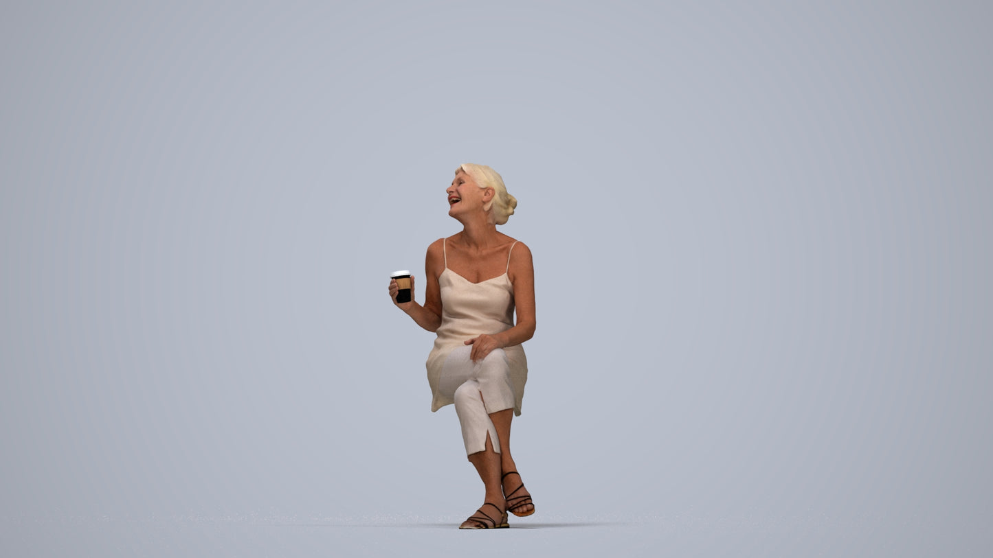 realistic 3D senior woman casual sitting, scanned archviz people for Blender and 3ds Max, top-down view render