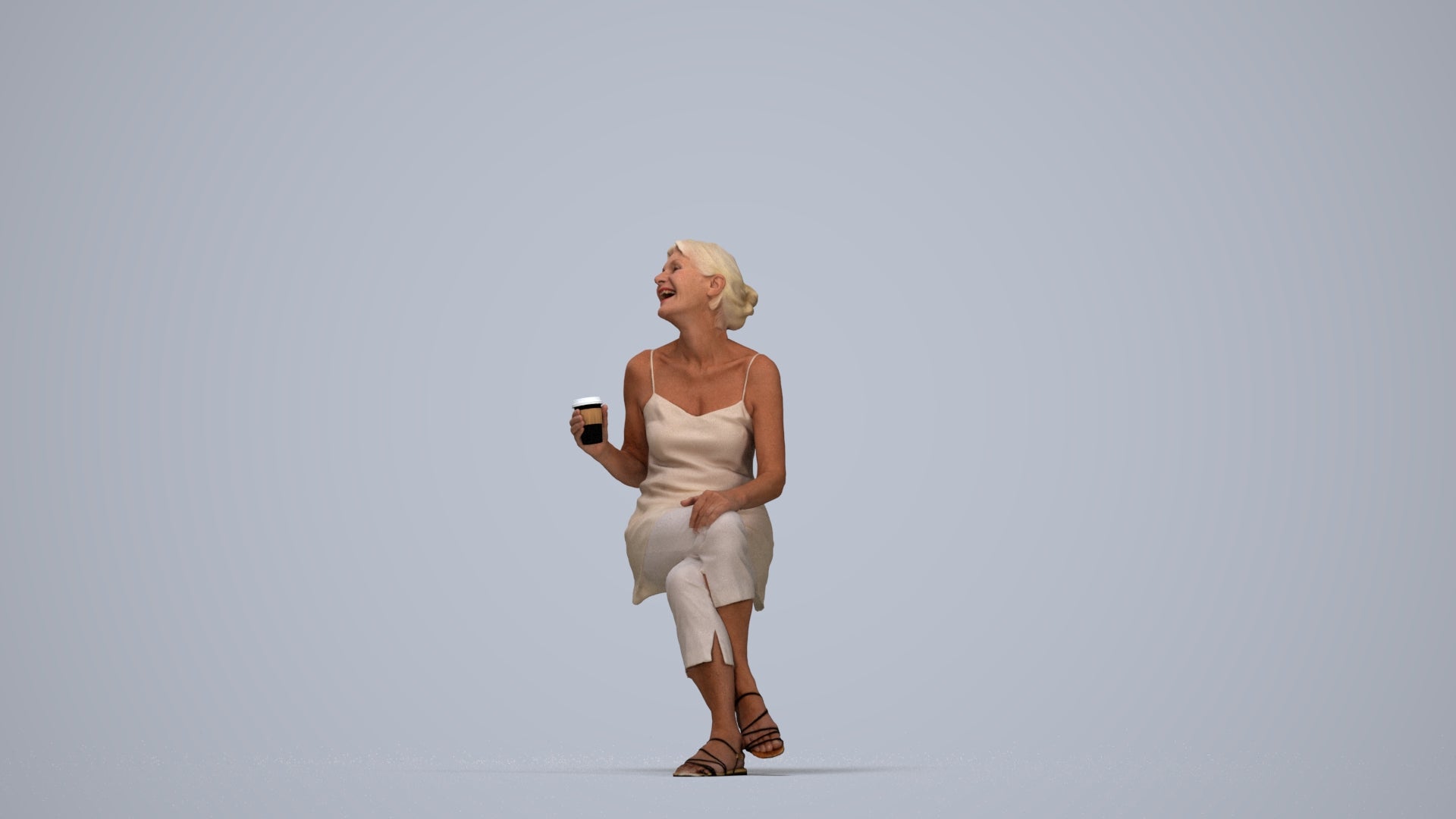 realistic 3D senior woman casual sitting, scanned archviz people for Blender and 3ds Max, top-down view render