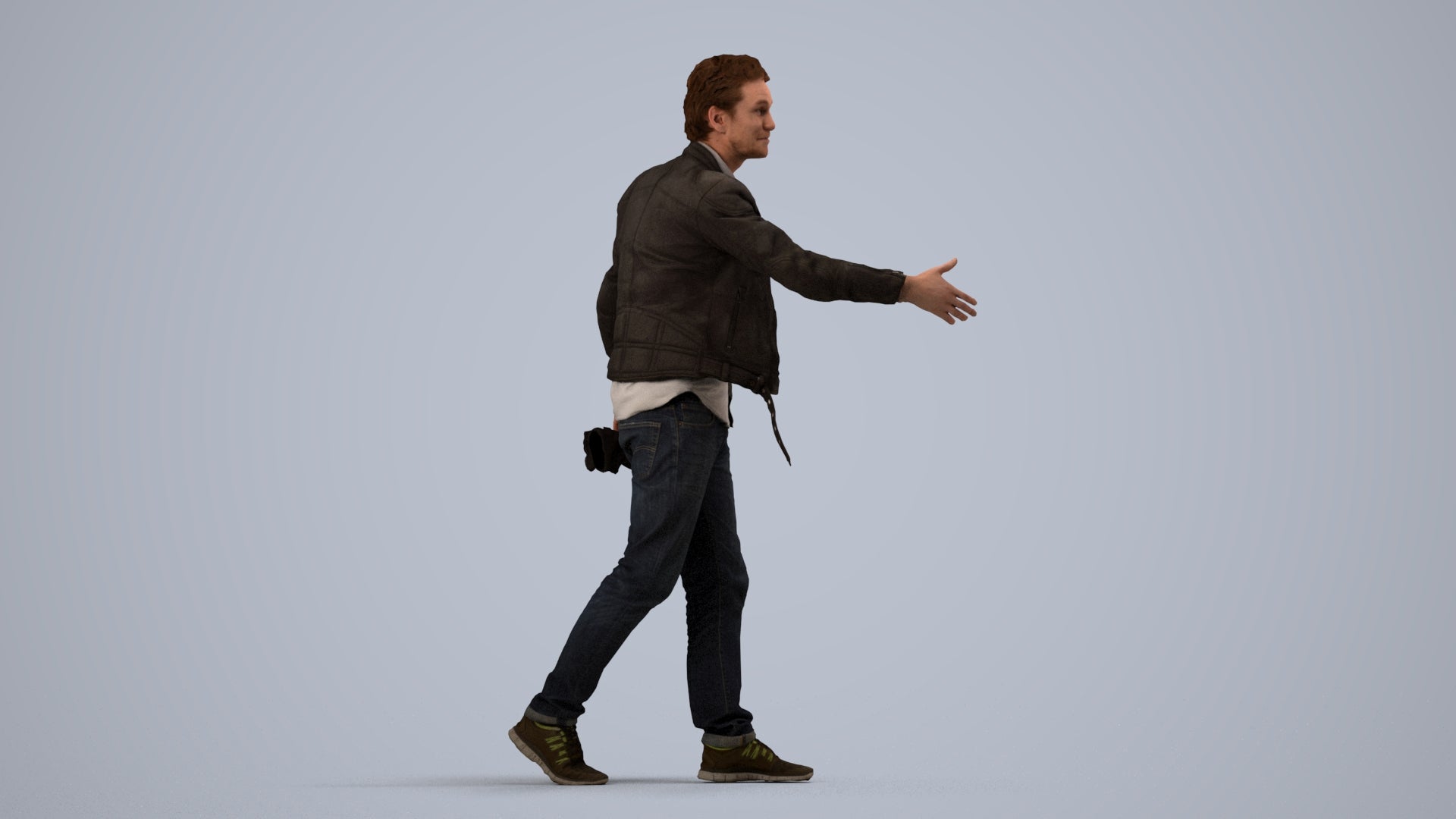 3D human model man casual walking, photogrammetry scanned person for archviz, side view render
