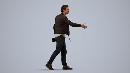 3D human model man casual walking, photogrammetry scanned person for archviz, side view render