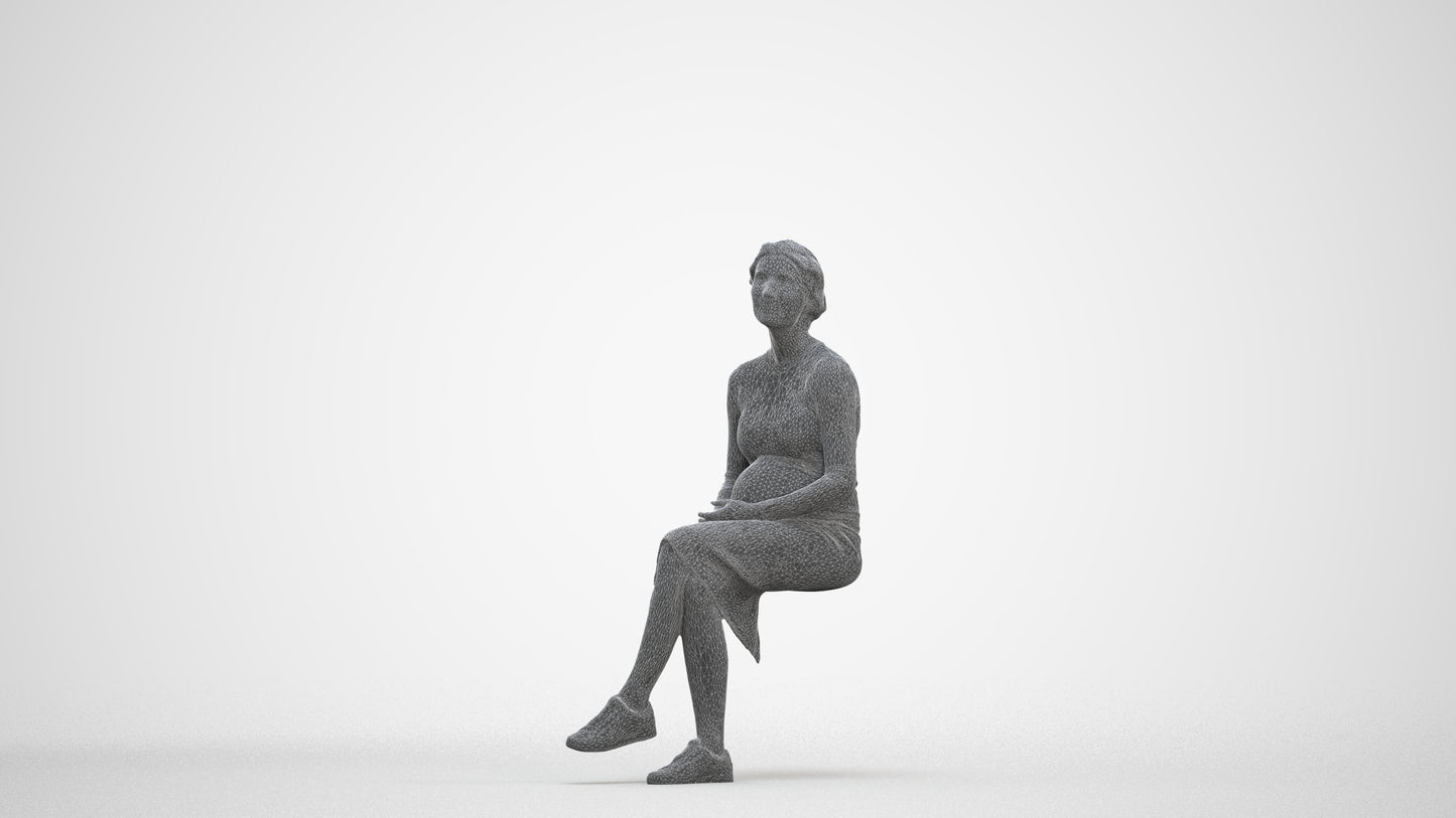 scanned 3D woman casual sitting, photogrammetry people for Enscape and V-Ray, three-quarter front view render