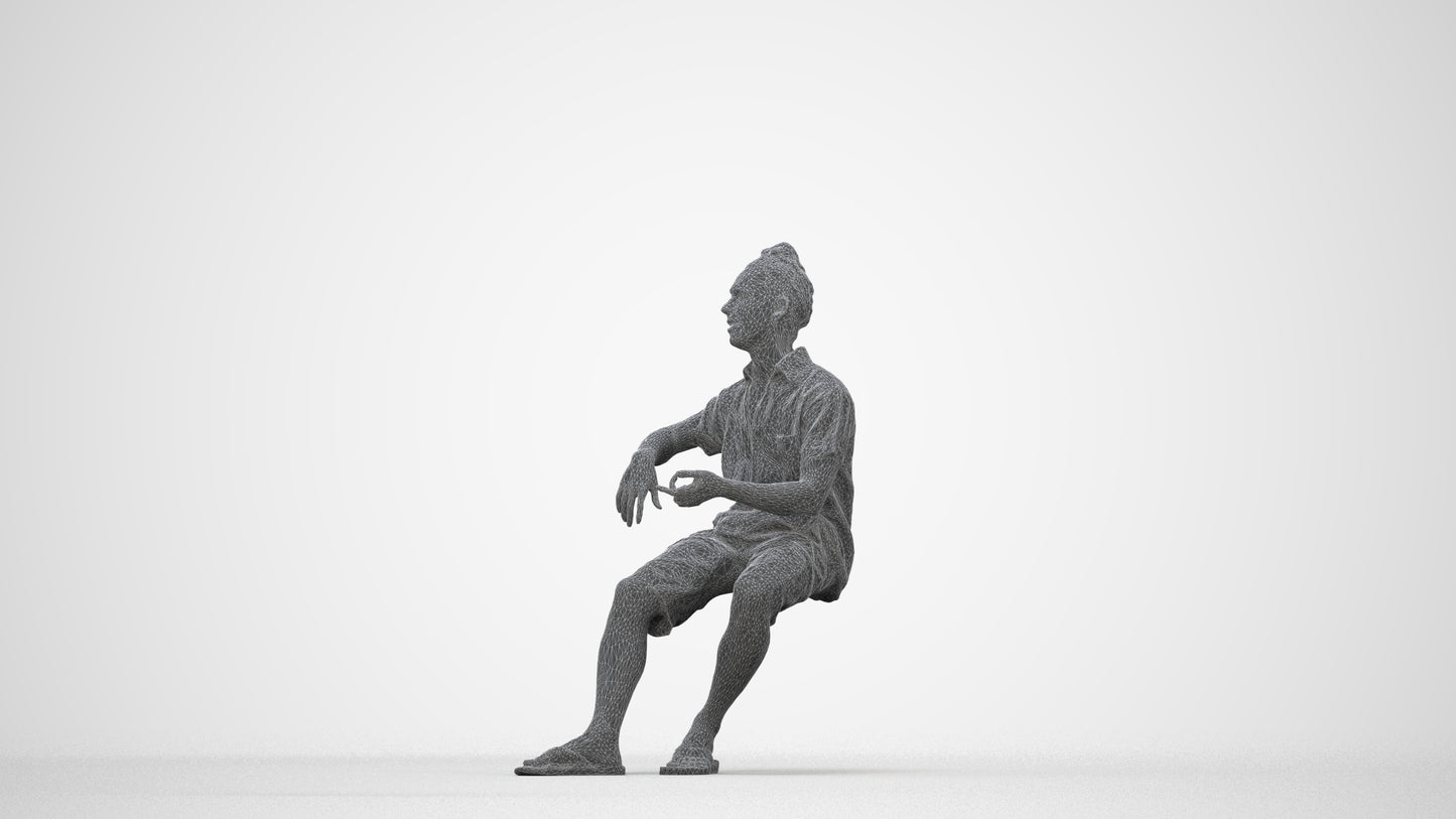 3D people model man casual sitting, scanned human for 3ds Max rendering, wireframe back view