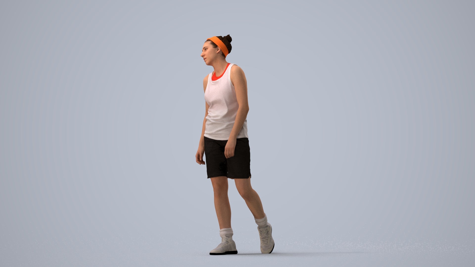 realistic 3D human woman sport, archviz people FBX OBJ for Blender, three-quarter view render