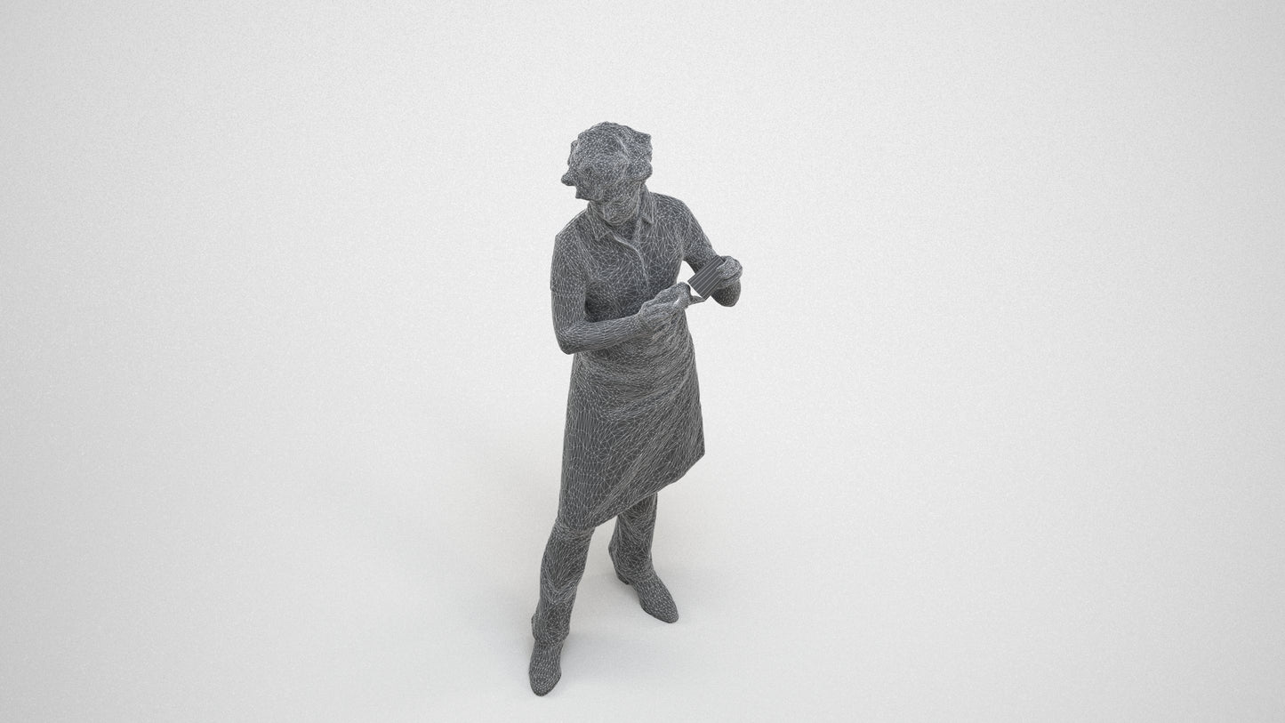 3D scanned woman hospitality, photorealistic archviz people for Enscape and SketchUp, wireframe three-quarter view