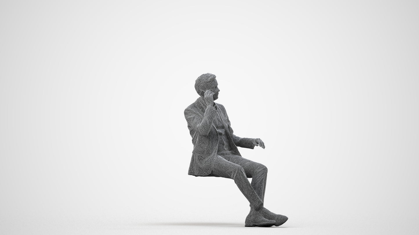 3D human model man business sitting, photogrammetry scanned person for archviz, wireframe side view