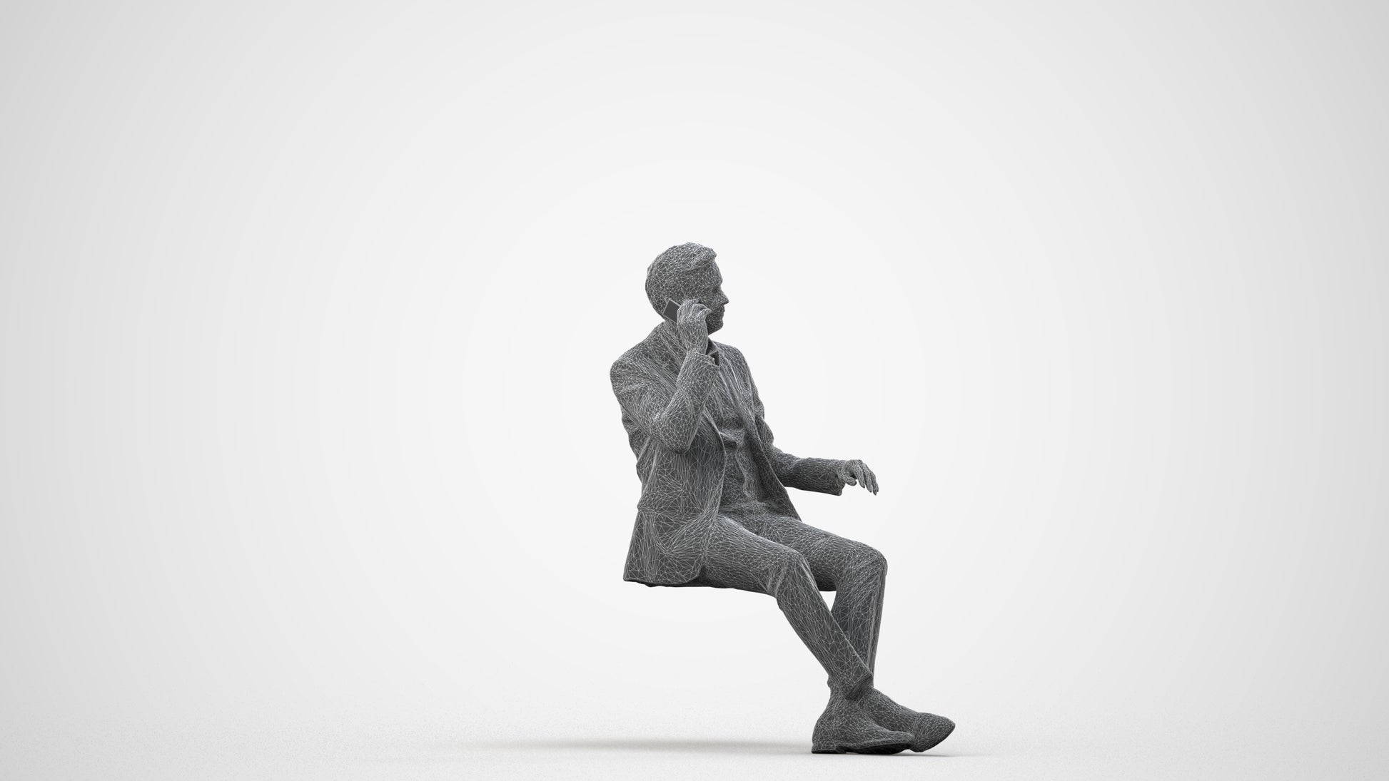 3D human model man business sitting, photogrammetry scanned person for archviz, wireframe side view