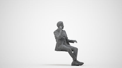 3D human model man business sitting, photogrammetry scanned person for archviz, wireframe side view