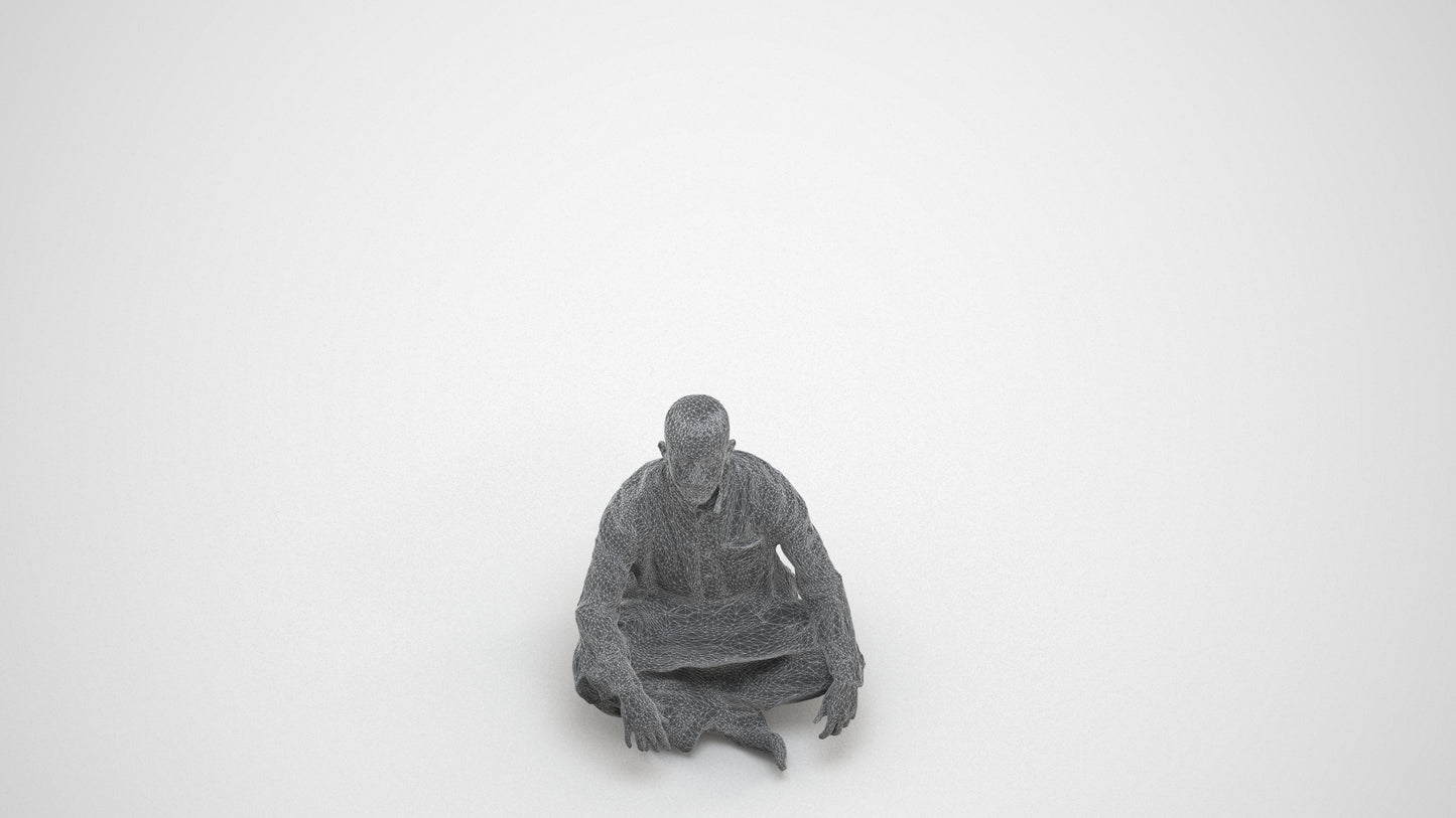 photogrammetry 3D man sitting, realistic human model archviz FBX, wireframe three-quarter view