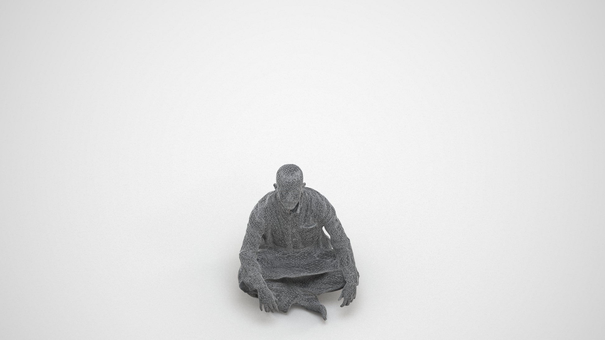 photogrammetry 3D man sitting, realistic human model archviz FBX, wireframe three-quarter view