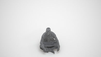 photogrammetry 3D man sitting, realistic human model archviz FBX, wireframe three-quarter view