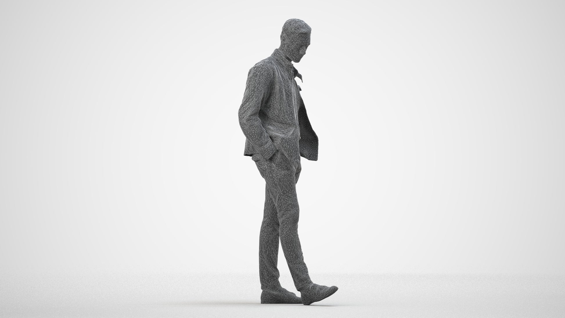 3D people model man casual standing, scanned human for 3ds Max rendering, wireframe side view