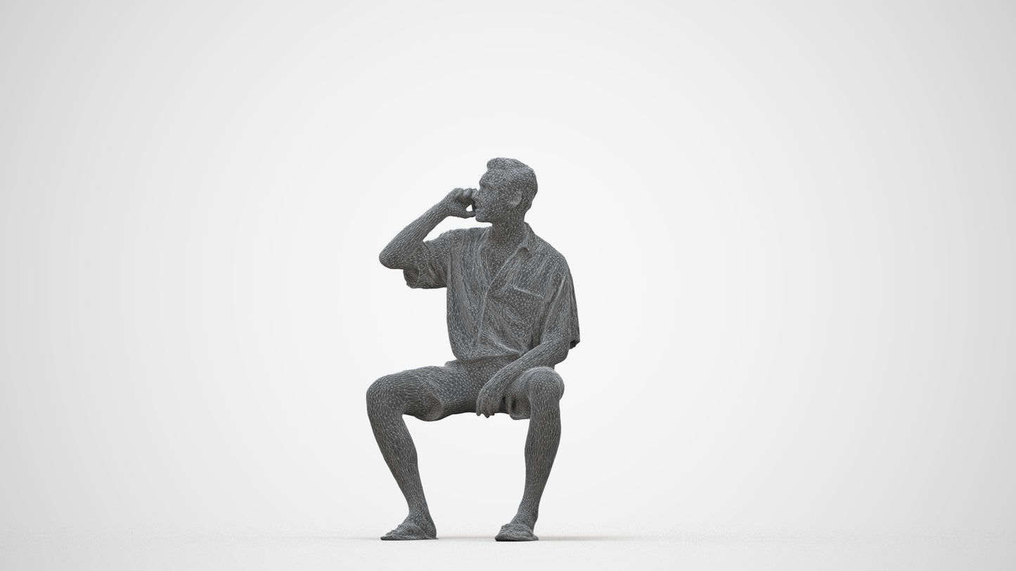 scanned 3D man casual sitting, photogrammetry people for Enscape and V-Ray, wireframe back view