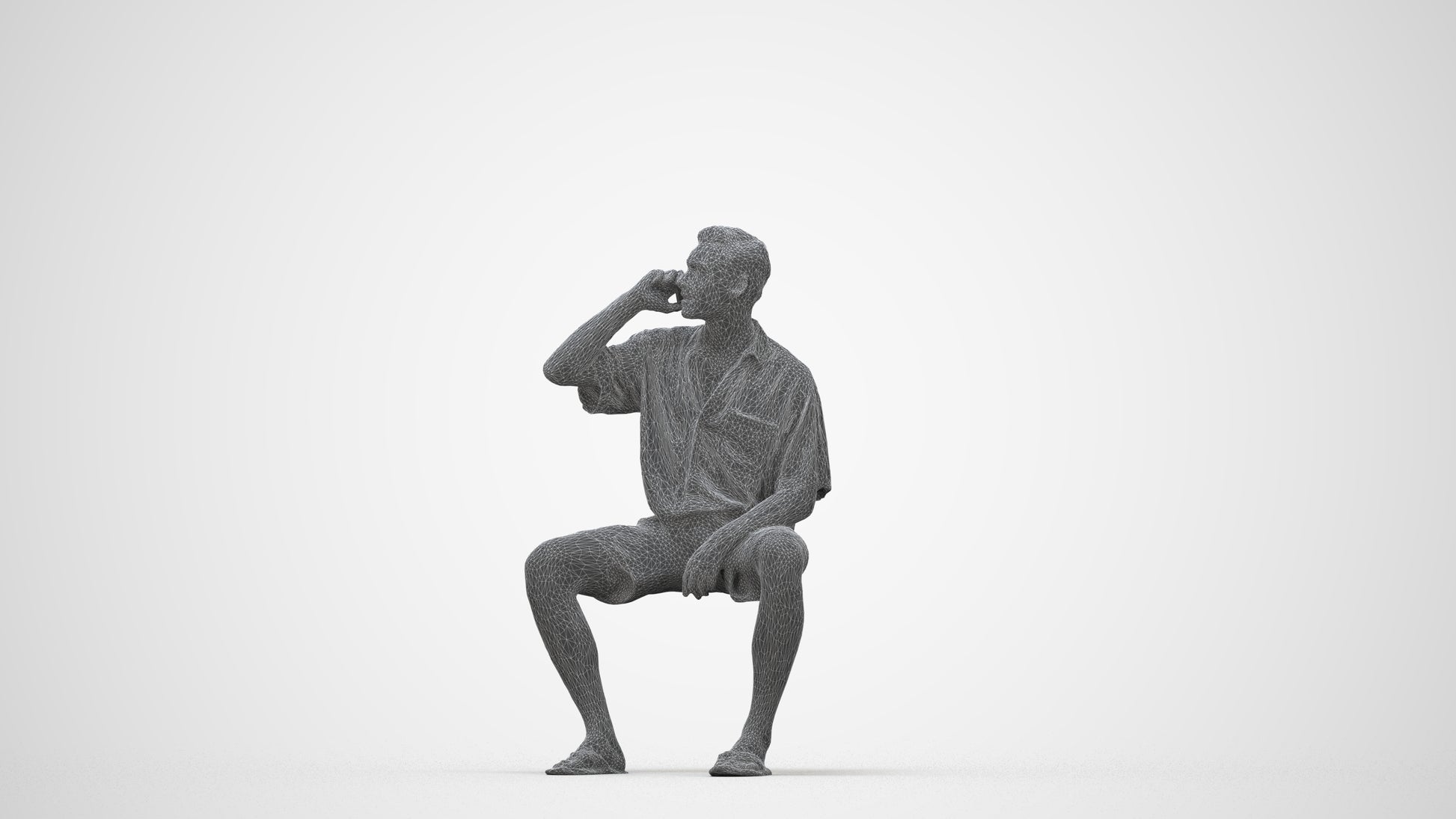 scanned 3D man casual sitting, photogrammetry people for Enscape and V-Ray, wireframe back view