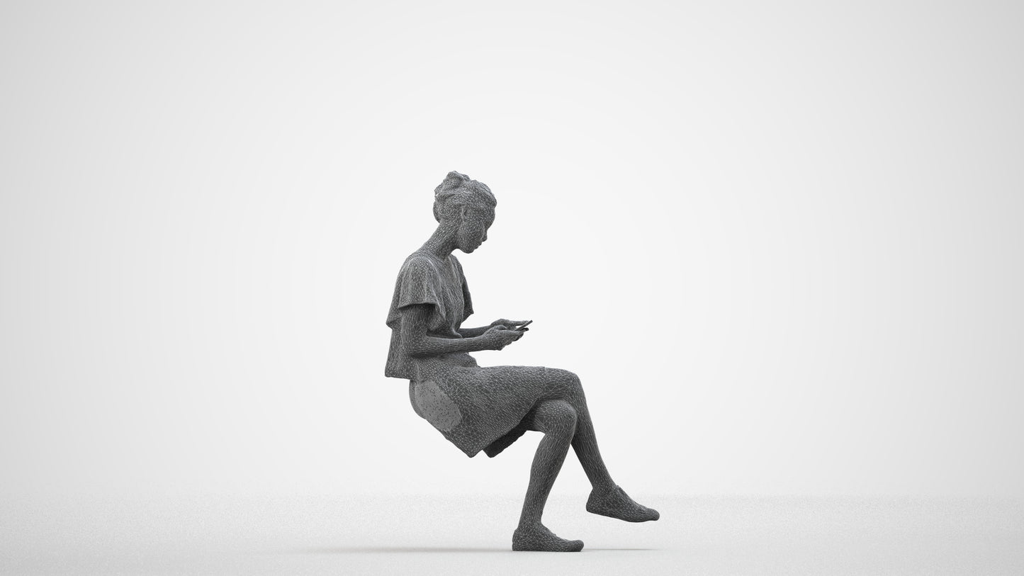 realistic 3D human woman casual sitting, archviz people FBX OBJ for Blender, wireframe side view