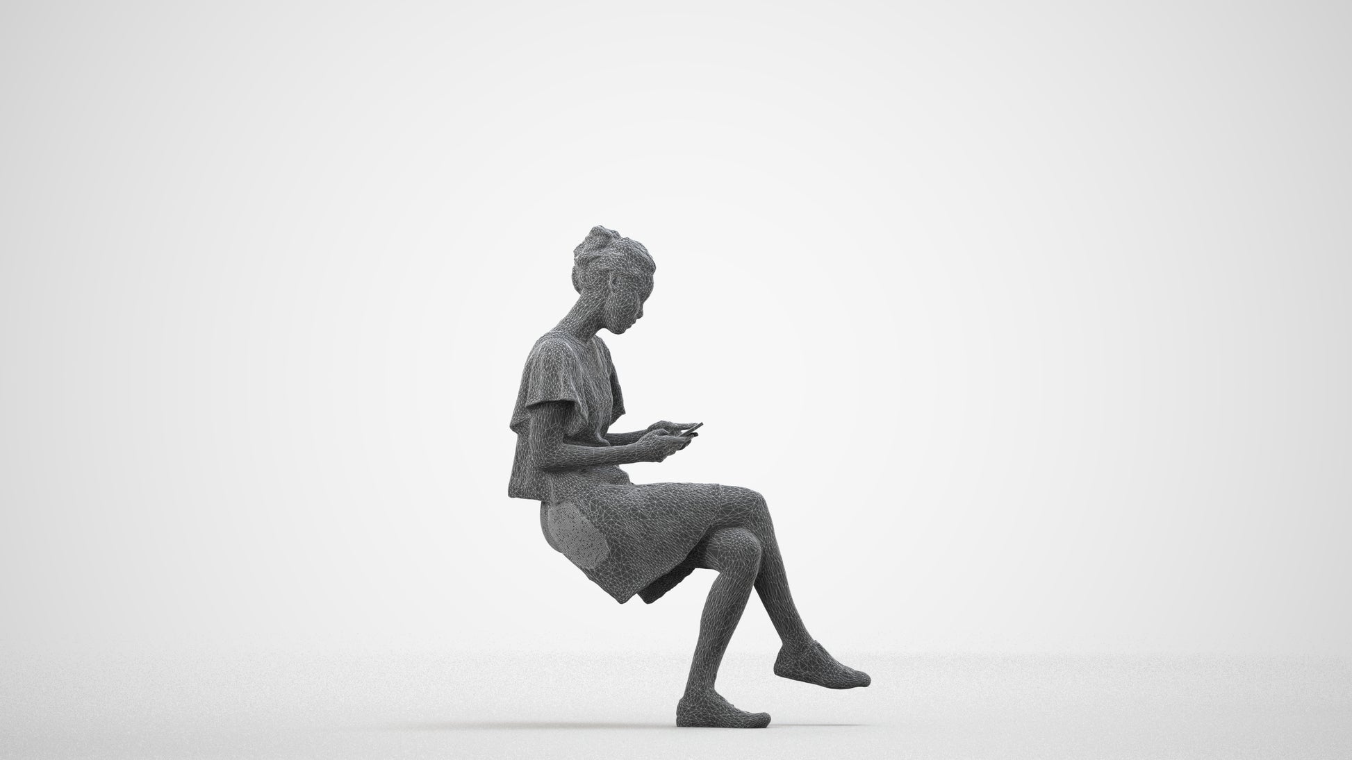 realistic 3D human woman casual sitting, archviz people FBX OBJ for Blender, wireframe side view