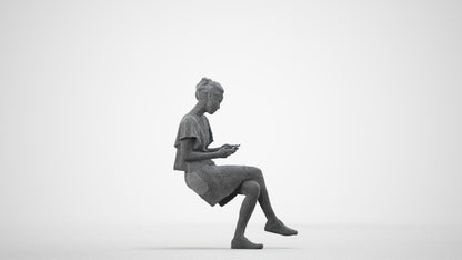 realistic 3D human woman casual sitting, archviz people FBX OBJ for Blender, wireframe side view