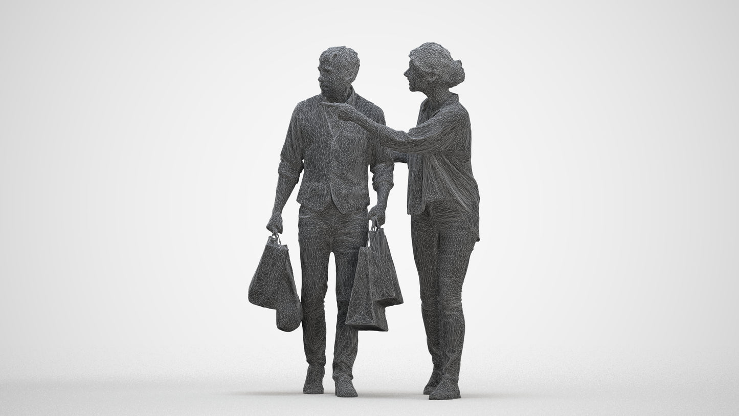 3D human model woman casual shopping, photogrammetry scanned person for archviz, three-quarter front view render