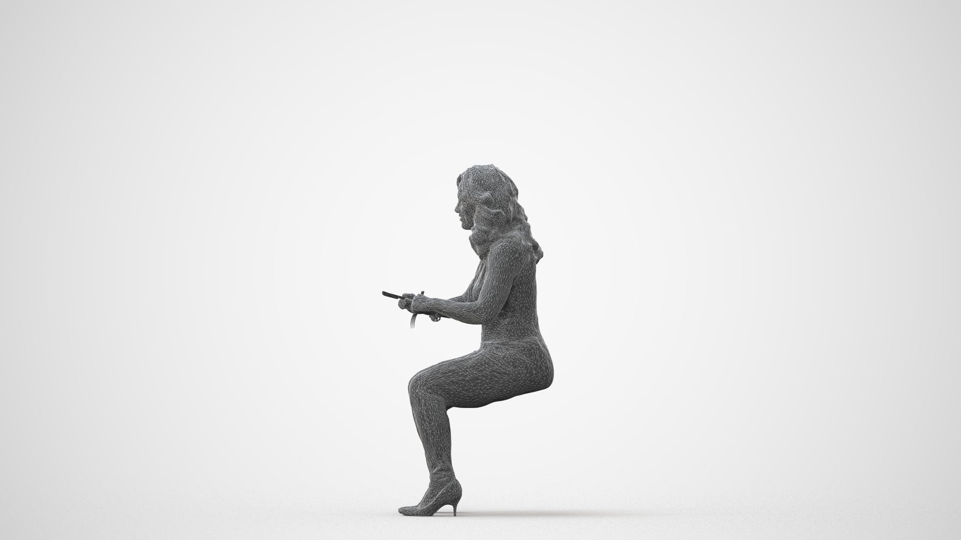 3D human model woman casual sitting, photogrammetry scanned person for archviz, square thumbnail