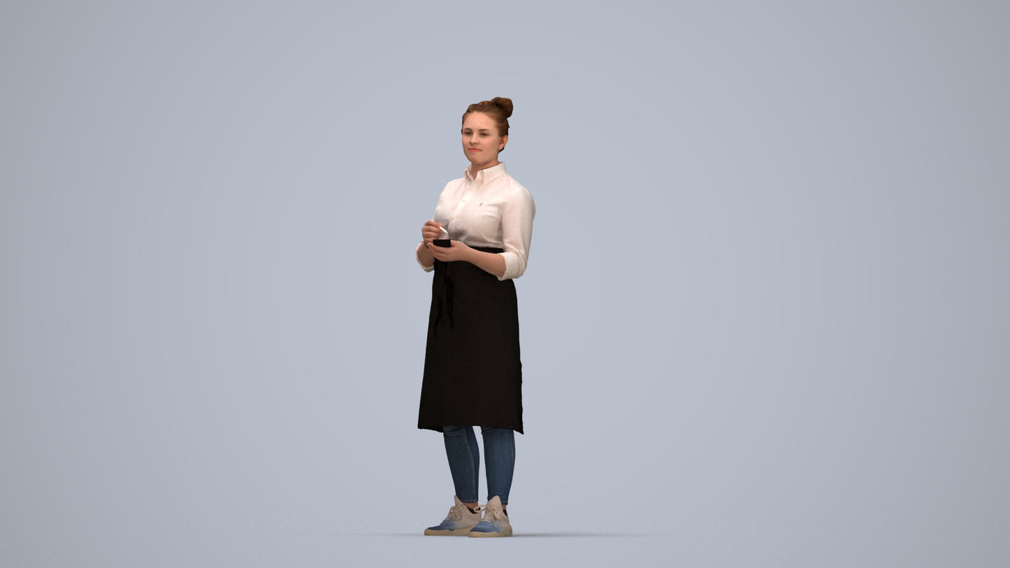 3D human model woman standing, photogrammetry scanned person for archviz, top-down view render