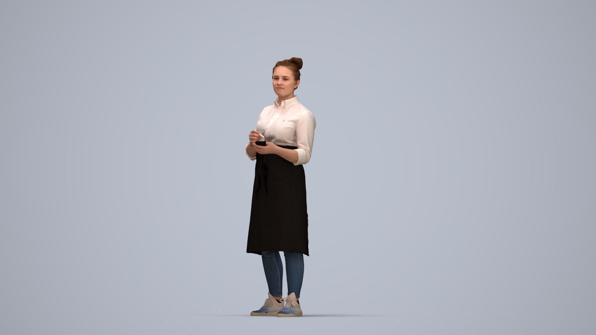 3D human model woman standing, photogrammetry scanned person for archviz, top-down view render