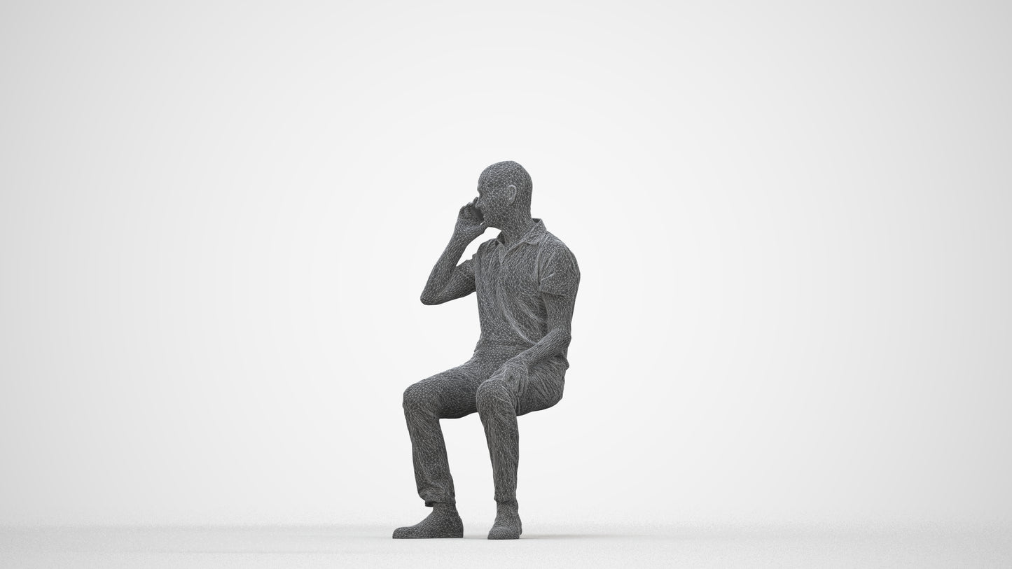 3D scanned senior man sitting casual, photorealistic archviz people for Enscape and SketchUp, wireframe back view