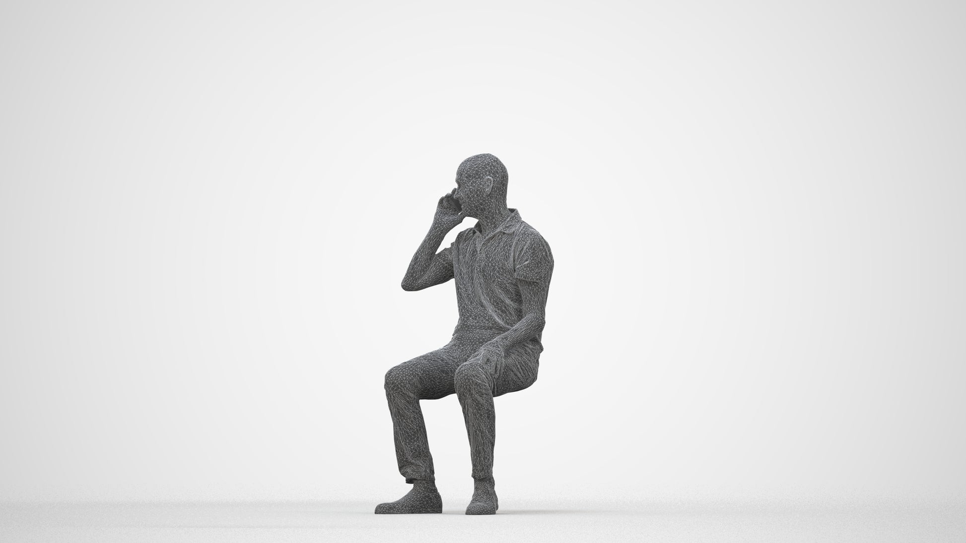 3D scanned senior man sitting casual, photorealistic archviz people for Enscape and SketchUp, wireframe back view