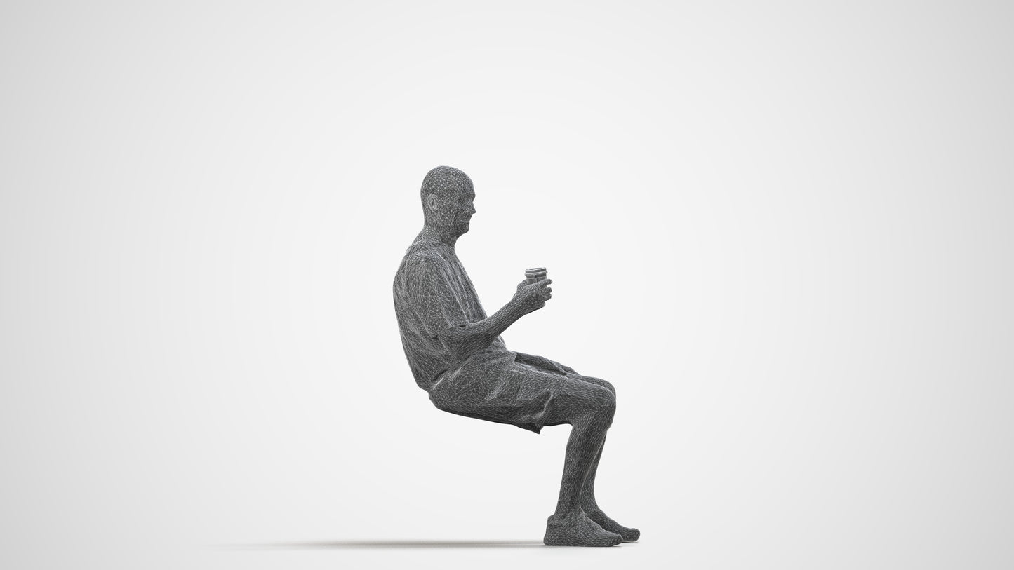 3D human model senior man casual sitting, photogrammetry scanned person for archviz, wireframe side view