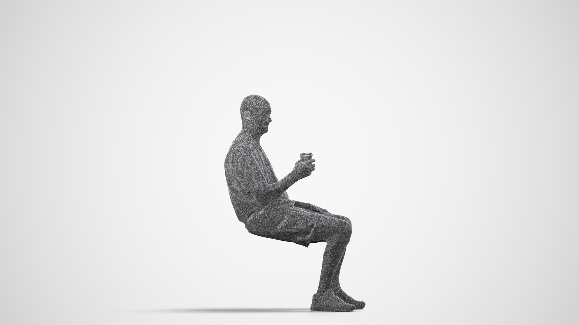 3D human model senior man casual sitting, photogrammetry scanned person for archviz, wireframe side view