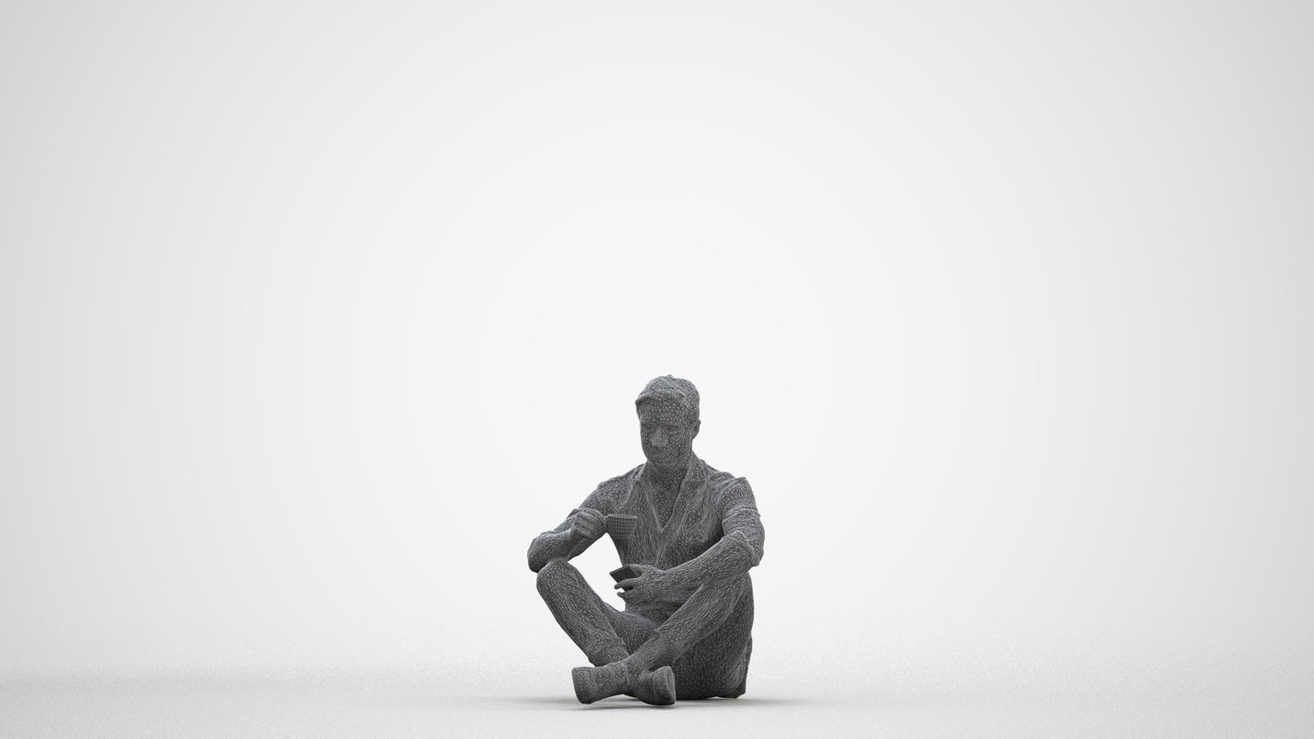 3D scanned man sitting casual, photorealistic archviz people for Enscape and SketchUp, three-quarter front view render