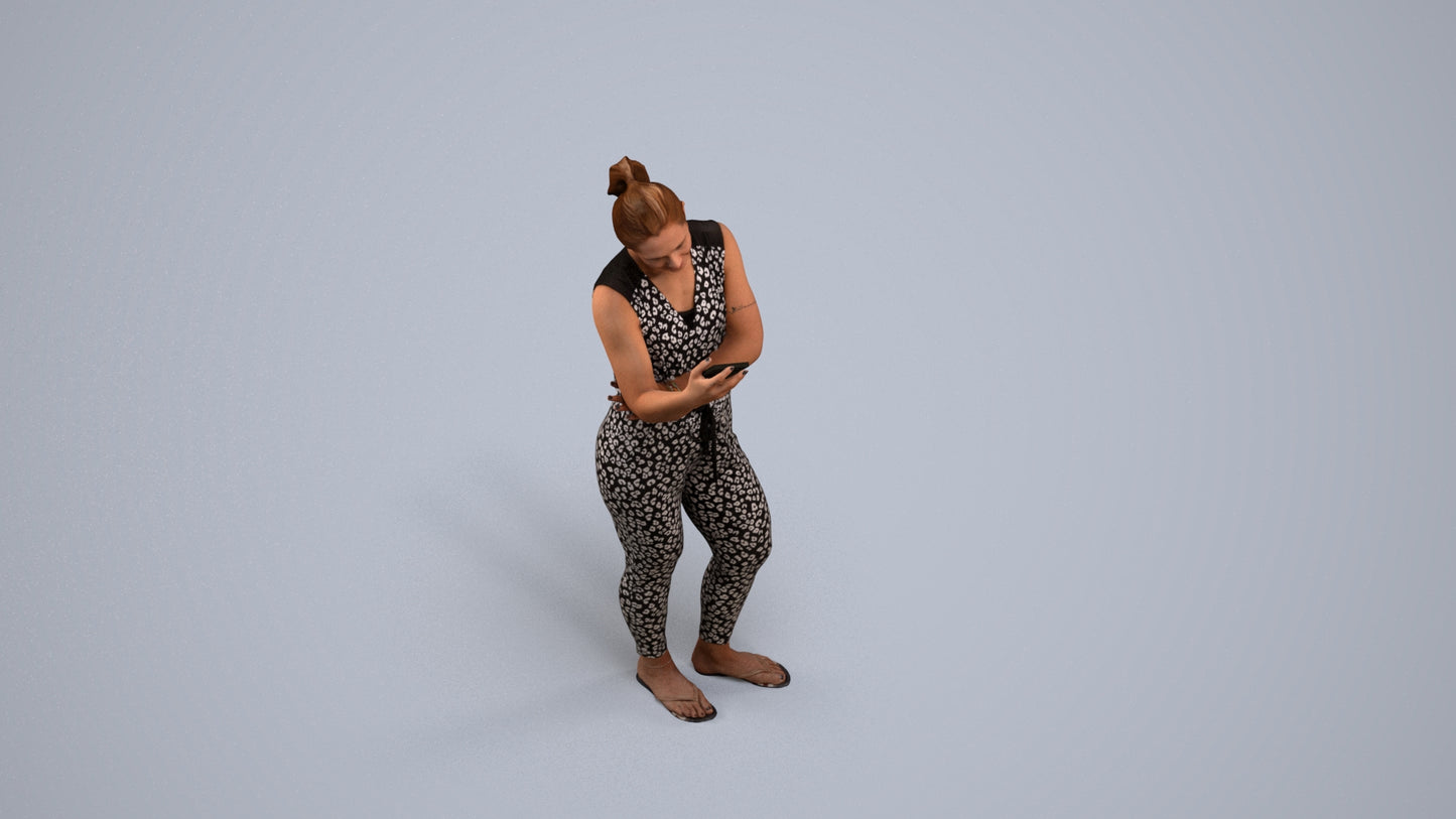 3D human model woman casual standing, photogrammetry scanned person for archviz, back view render