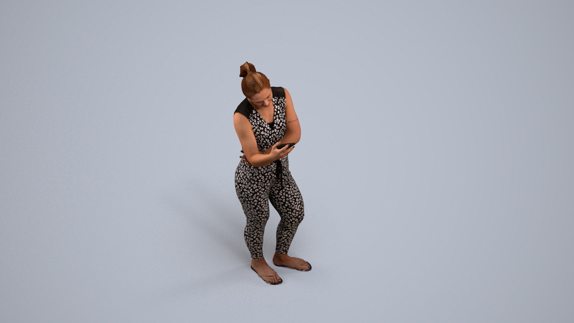 3D human model woman casual standing, photogrammetry scanned person for archviz, back view render